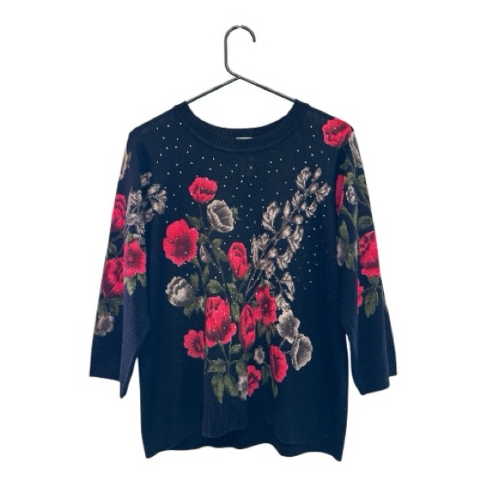 Vintage Y2K Era Rebecca Malone Black Sweater w/ Red Floral Rhinestone Design L